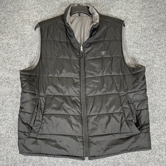 Ariat Reversable Puffer Vest Men XL Black Grey Full Zip Pockets Sleeveless Adult - Picture 1 of 12
